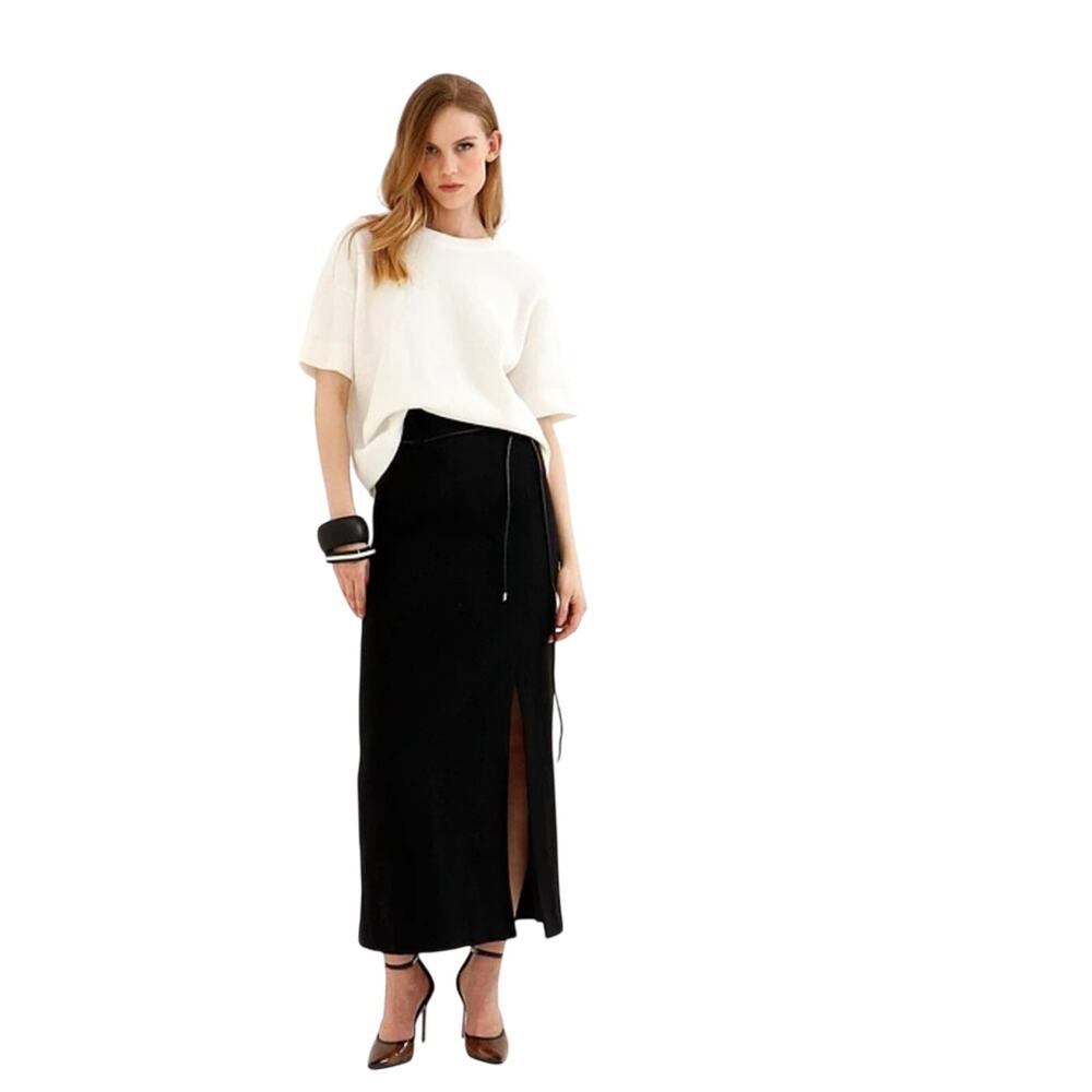 Le' AL.X Wool Blend Knit High Rise Belted Hem Pencil Maxi Black Wool Skirt Sz 4